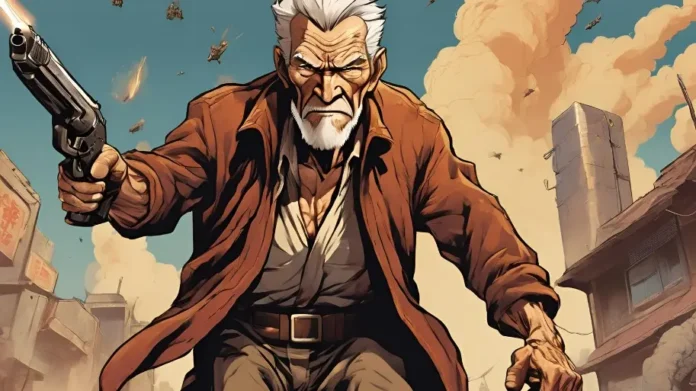 Older male action hero showing strength in a dramatic scene