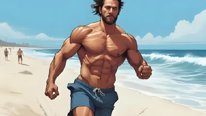 Hombre realizando una rutina de ejercicios de playa de 6 semanas para hombres en la playa